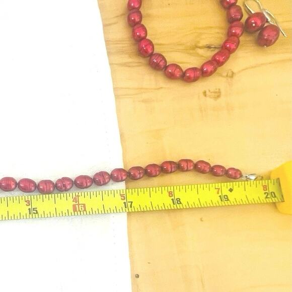 HONORA 925 Red Pearl 18" +2" NECKLACE EARRINGS BRACELET  Set Stretch Drop Dangle - Picture 12 of 13